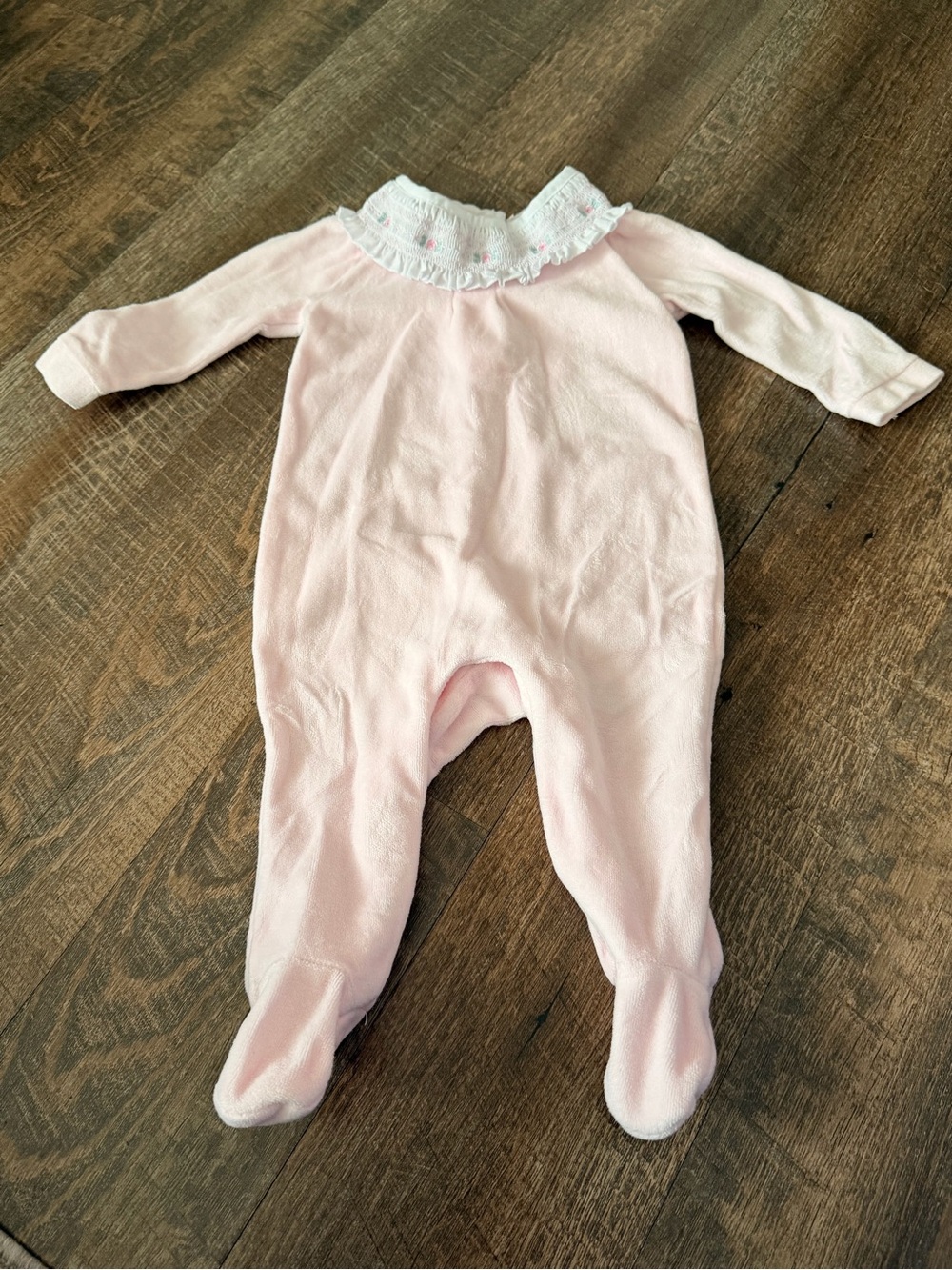 Rock A Bye Baby Boutique 6-9M Pink Velour Smocked Footed Sleeper Floral